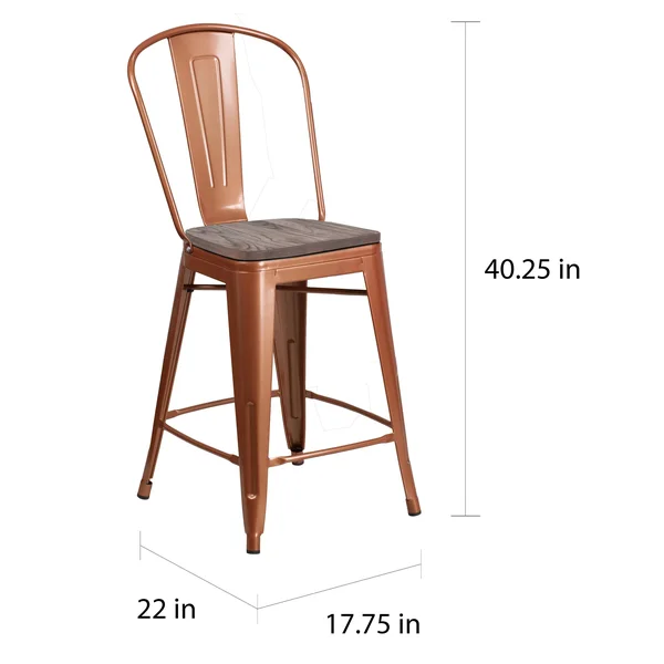 Lancaster Home 4 Pk. 24x22 High Metal Counter Height Stool with Back and Wood Seat - 17.75x22W x 22x22D x 40.25x22H - Copper