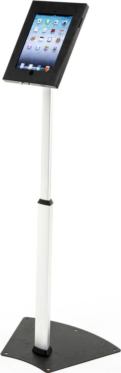 Height Adjustable Tablet Floor Stand - Tilting Enclosure, Holes in Base for Bolting to Floor (Black & Silver) (IPDLMSSVL3)