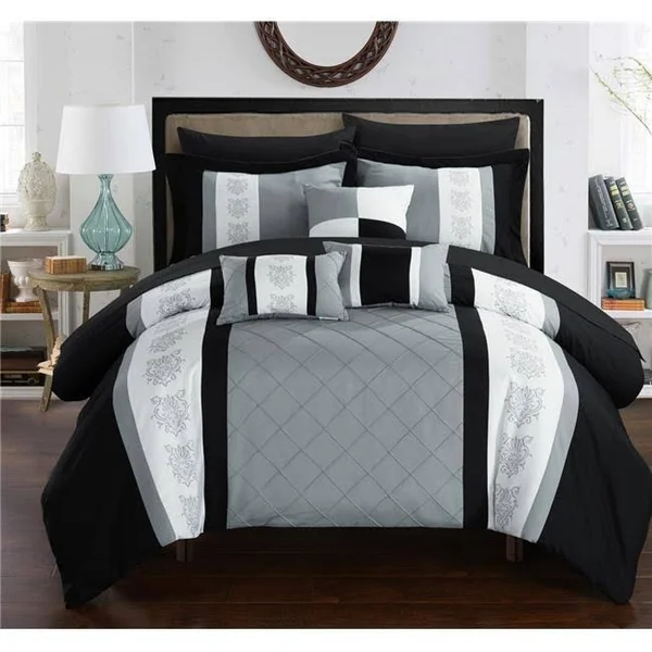 Chic Home CS1634-US Jack Pintuck Pieced Color Block Embroidery Bed in A Bag Comforter Set with Sheets - Grey - King - 10 Piece