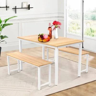 Ivers 3 - Piece Dining Set 17 Stories Table Top Color: Beige, Table Base Color: White, Bench Color: Beige/White