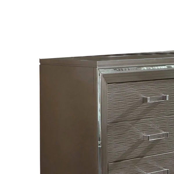 Textured Front 6 Drawer Dresser with Beveled Mirror TRIM, Silver