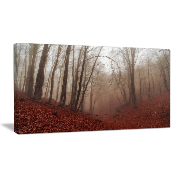 Design Art PT9809-40-30 Red Leaves in Foggy Fall Forest Landscape Photo Canvas Print - Red, 40x30x22