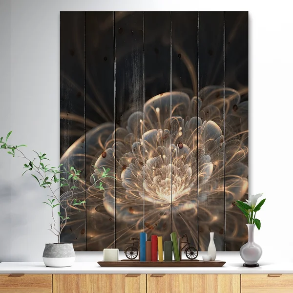 Designart &Fractal Flower with Golden Rays& Floral Art Print on Natural Pine Wood - Gold - 30 in. Wide x 40 in. High