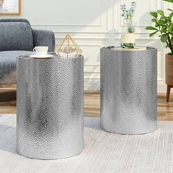 Noble House Modern Round Hammered Iron Accent Table in Silver - Set of 2