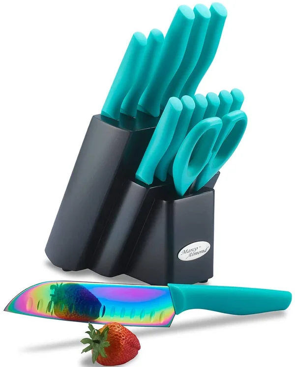 Dishwasher Safe Rainbow Titanium Cutlery Knife Set - Marco Almond Kya27 Kitchen Knives Set with Wooden Block, Rainbow Titanium