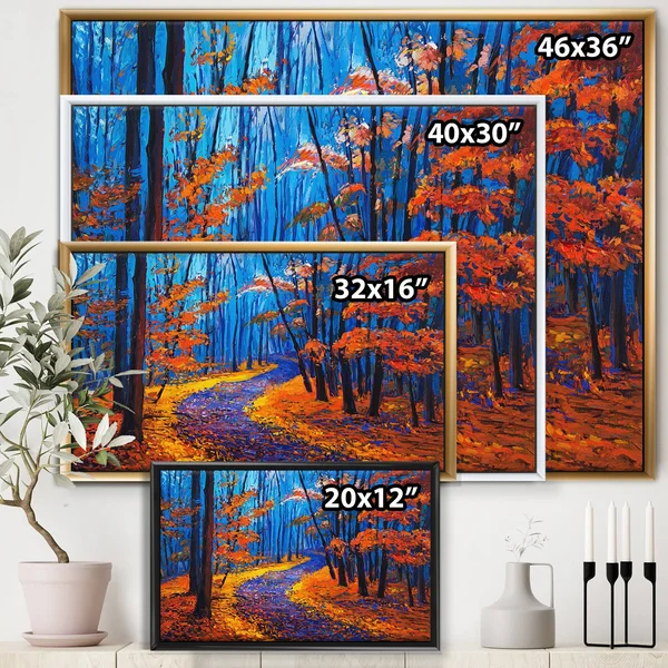 Designart 'Autumn Colored Forest Treescape XXXVI' Traditional Framed Canvas Wall Art Print - 20 in. Wide x 12 in. High - Black
