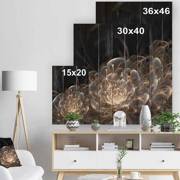 Designart &Fractal Flower with Golden Rays& Floral Art Print on Natural Pine Wood - Gold - 30 in. Wide x 40 in. High
