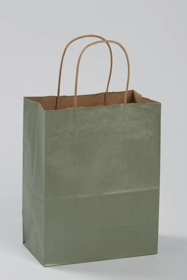 Medium Metallic Sage Paper Shopping Bags - 8¼”L x 4¾”D x 10½”H - Case of 100