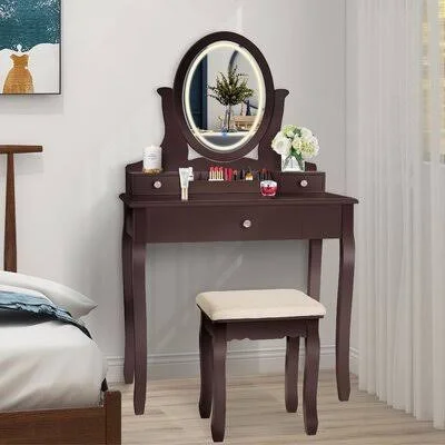 House of Hampton Vanity Table Set with Rotatable Oval Mirror, Vanity Dressing Table with Cushioned Stool, 3 Colors Lighted Mirror