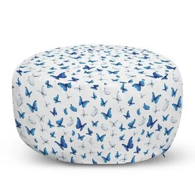Ava 30x22 Wide Round Pouf Ottoman Trinx Fabric: Blue/White/Black