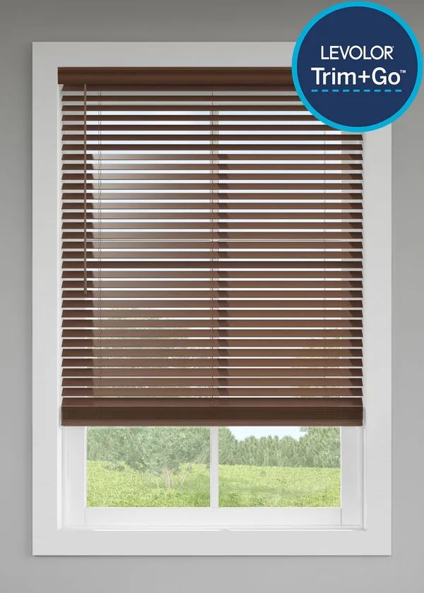 LEVOLOR Trim+Go 2-in Slat Width 57-in x 64-in Cordless Walnut Faux Wood Room Darkening Full-view Standard Horizontal Blinds in B