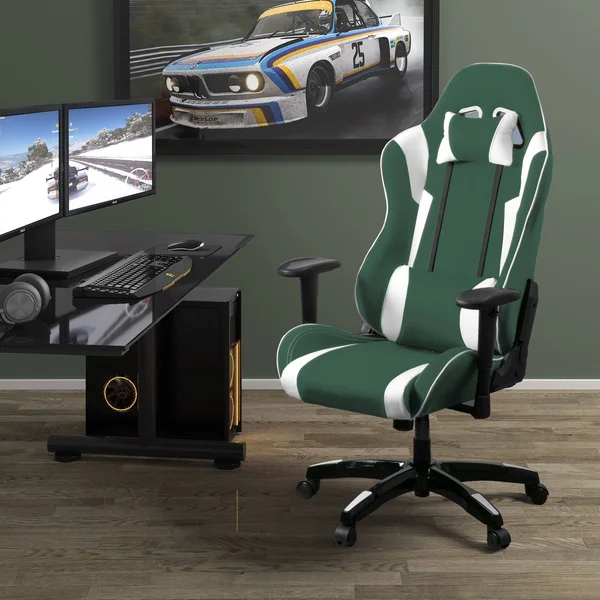 Porch & den Banton Bonded Leather, Fabric, and Mesh High-Back Ergonomic Gaming Chair - White/Blue