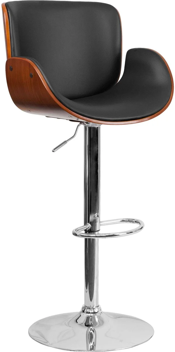 Flash Furniture Walnut Bentwood Adjustable Height Barstool with Curved Black Vinyl Seat