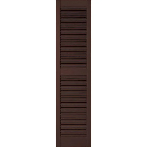 12 inchw x 46 inchh Lifetime Vinyl, Custom Straight Top Center Mullion, Open Louver Shutters, Federal Brown
