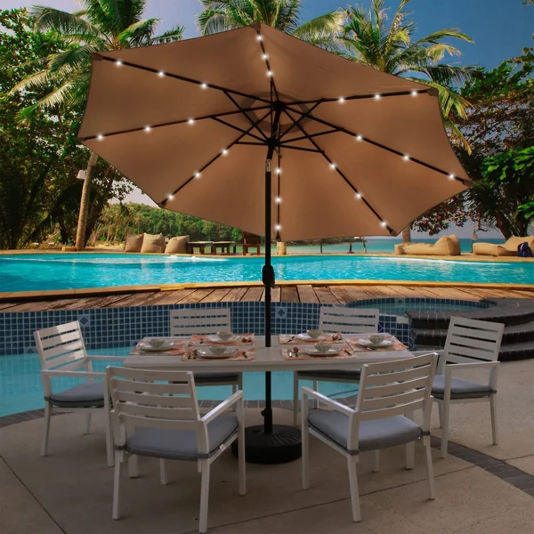 Maypex 9 ft. Steel Market Crank and Tilt Round Solar Light Patio Umbrella in Tan