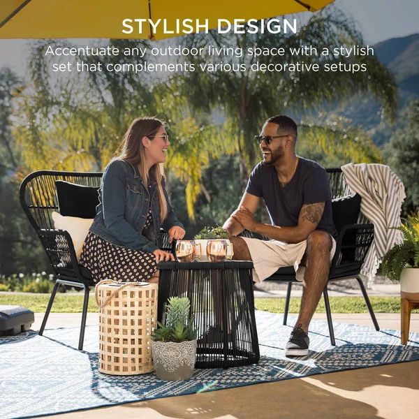 Best Choice Products 3-Piece Patio Conversation Bistro Set - Outdoor Wicker w/ 2 Chairs, Cushions, Side Table - Black