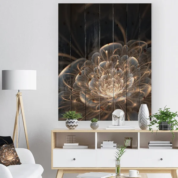 Designart &Fractal Flower with Golden Rays& Floral Art Print on Natural Pine Wood - Gold - 30 in. Wide x 40 in. High