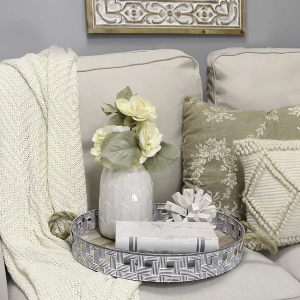 HomeRoots 16x22 Rustic Round Grey Wash Metal and Wood Tray