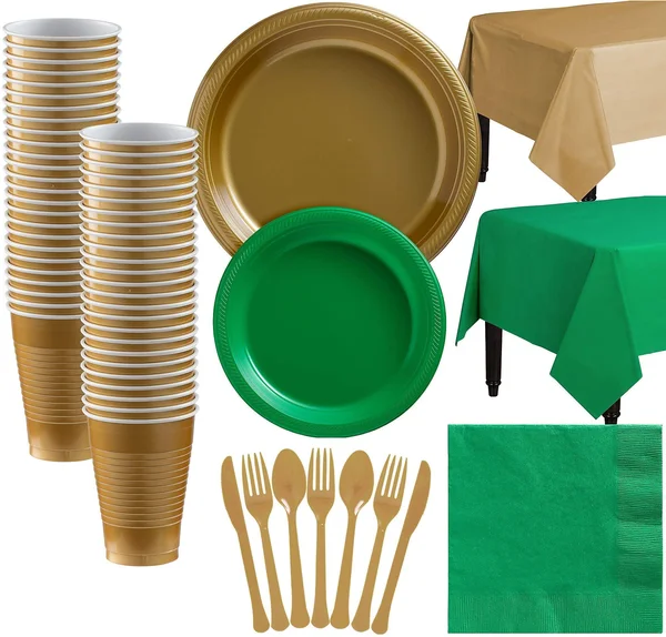 Party City Gold and Green Plastic Tableware Kit for 50 Guests, 487 Pieces, Includes Plates, Napkins, and Table Covers