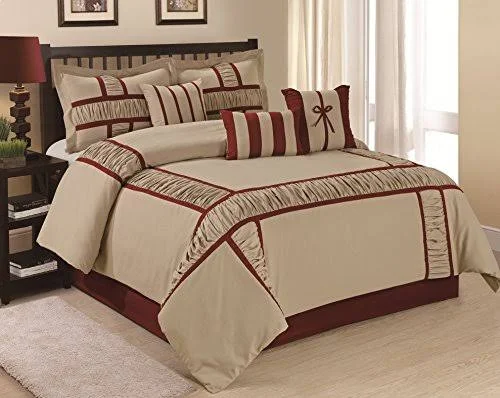 Hig 7 Piece Comforter Set Queen- Taupe Microfiber Ruffle and Patchwork-MARMA Bed in A Bag Queen Size-Hypoallergenic - Fade Resista