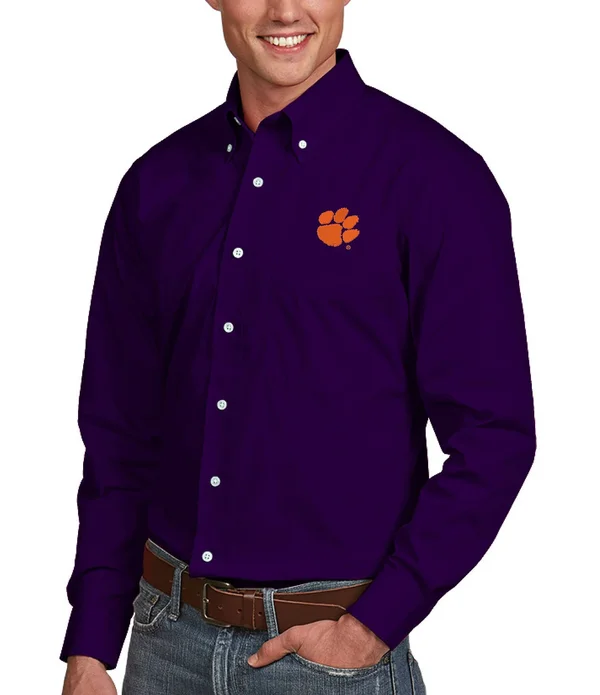 Clemson Tigers Antigua Dynasty Woven Long Sleeve Button-Down Shirt - Purple - Size: XL