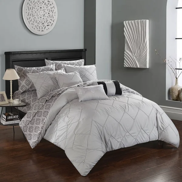 Chic Home Darlene 10 Piece Reversible Bed in A Bag Comforter Set - Size: Queen, Grey