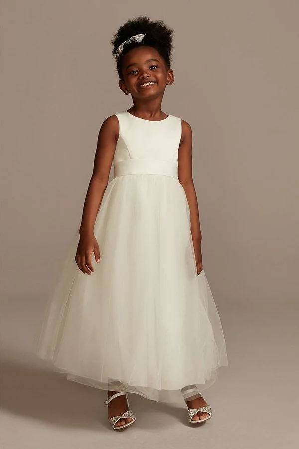 Satin Flower Girl, Communion Dress with Tulle Skirt - White, 4