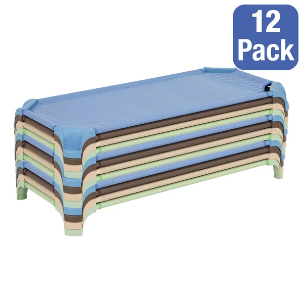 Deluxe Assorted Natural Colors Stackable Daycare Cot w/ Easy Lift Corners - Standard (52 inch L) - Pack of 12 Cots