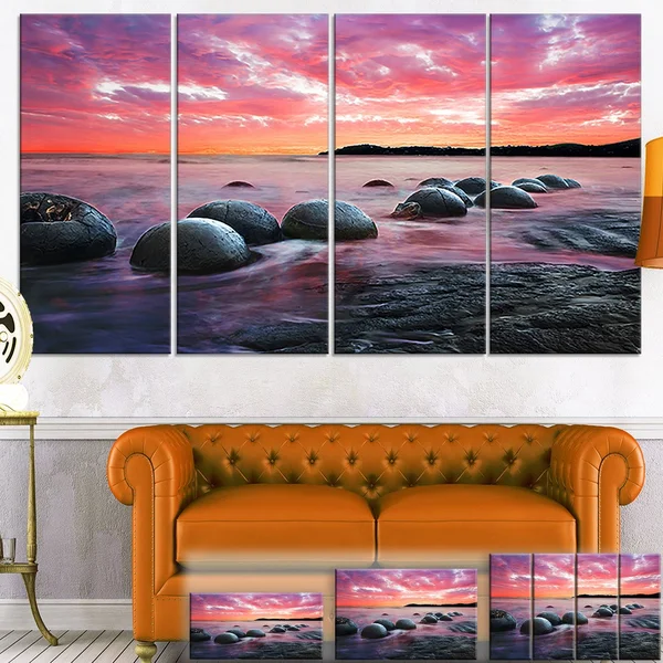 Design Art PT9480-32-16 Moeraki Boulders at Sunset Seashore Photo Canvas Art Print - Red, 32x16x22