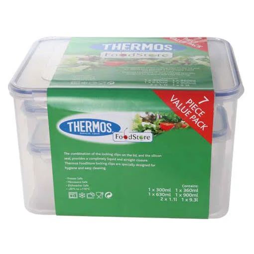 Set of 7 Airtight Food Containers - 1 x 9.5qt - 2 x 1.03qt - 1 x 0.94qt, 0.66qt, 0.38qt, 0.31qt - Airtight - Thermos