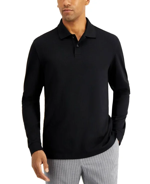 Tasso Elba Men's Long Sleeve Polo, Created for Macy&s - Deep Black