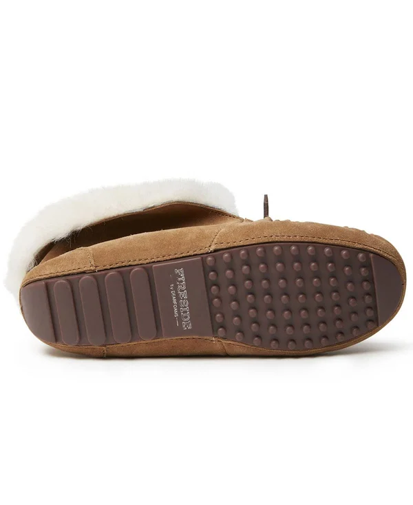 Dearfoams Women's Fireside Brisbane Shearling Moccasin Slipper, Size: 11, Grey Suede
