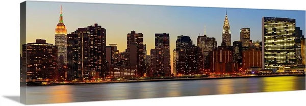 Manhattan Panoramic View with Un from Long Island City at Night, Canvas Wall Art, 48x16, Great Big Canvas